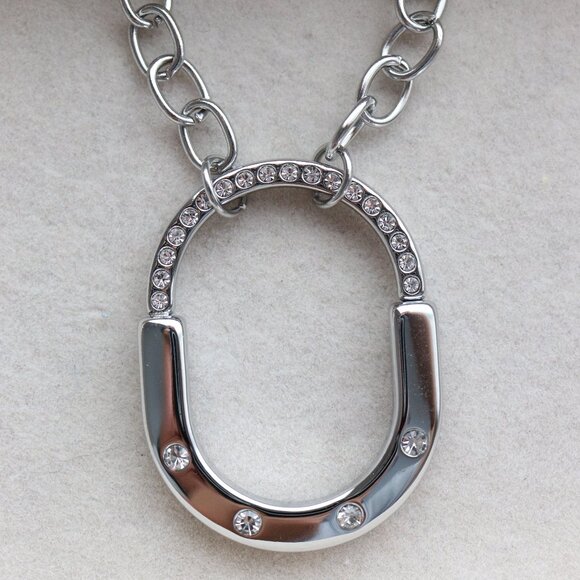 Jewelry - Silver Lock Style Design Pendant with CZ Necklace Stainless Steel